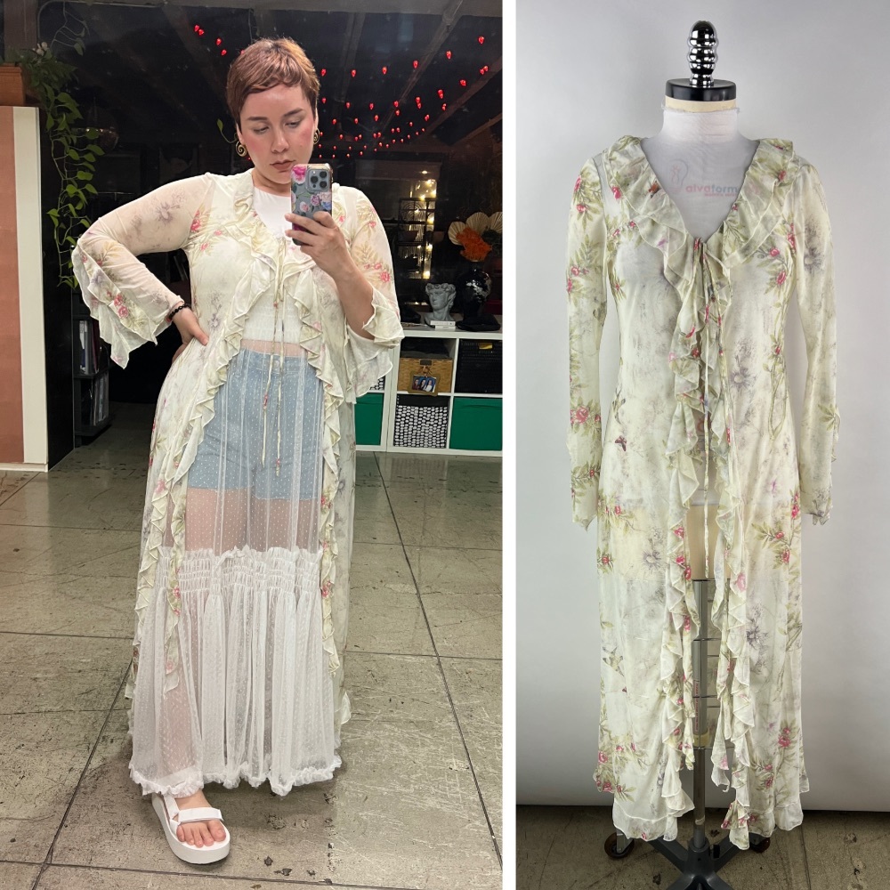 451B-CREAM. Floral Long Mesh Ruffled Cardigan